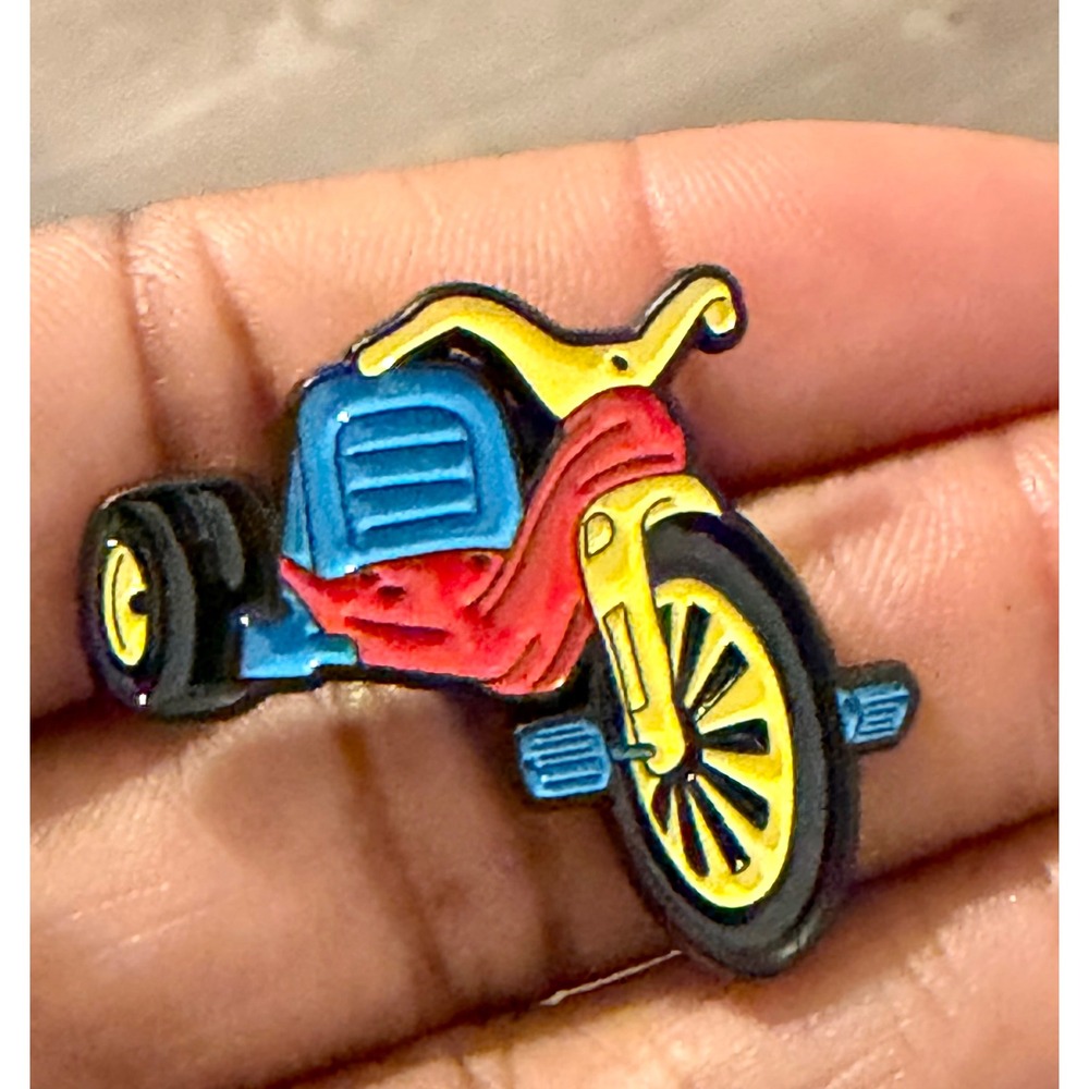 Vintage Style Tricycle Enamel Lapel Pin Red Blue Yellow Retro Toy Accessory
